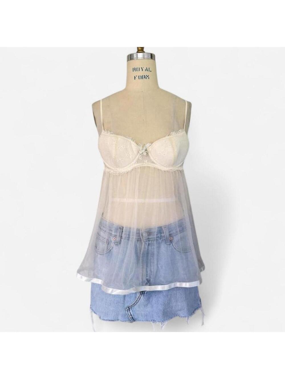 Victorias Secret Sexy Little Things White Lace Babydoll Sheer Mesh Ribbon Waist